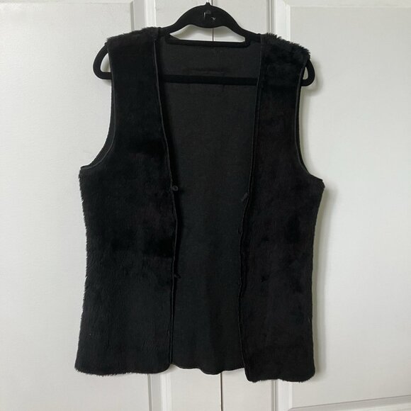 Y2K The Bay Vest Womens Jacket Liner Faux Fur Black 2000s Vintage Open Front - Picture 1 of 6